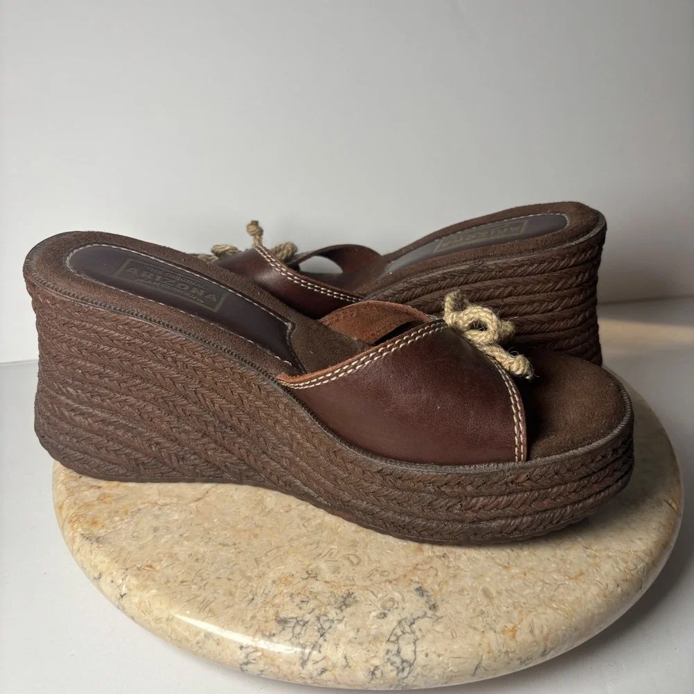 VTG Arizona Jean Co Platform Wedge Sandals 9M Brown Leather Rope Bow Y2K Bratz